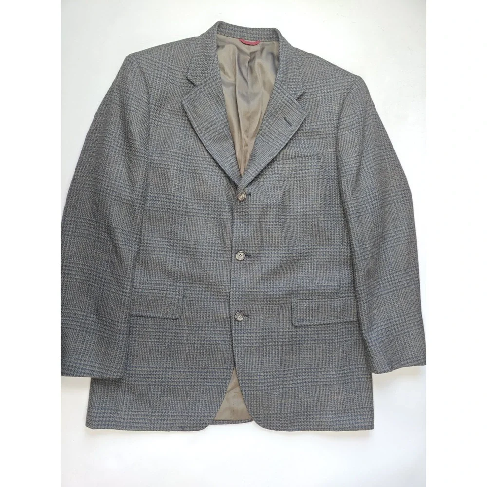 Jos A Bank Mens Vintage Wool Plaid Sport Coat 43R Olive Blue USA Made Blazer